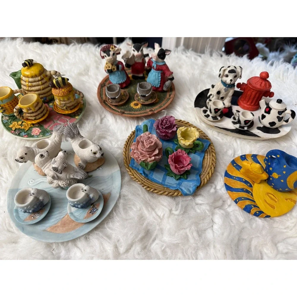 Vintage Whimsical Miniature Resin Tea Set Lot 6 Themes Bee Floral Dog Seal Cow